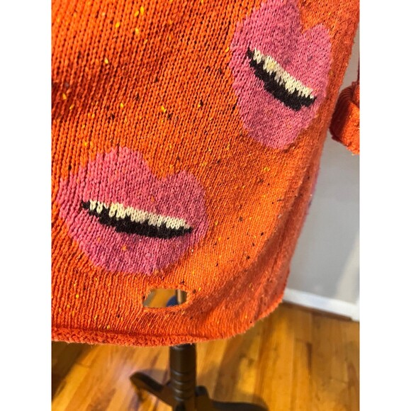 Wildfox Motormouth Lip Print Orange Red Distressed Relaxed Knit Sweater Top Sz S - Picture 7 of 8